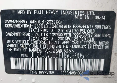 2015 Subaru Forester 2.5I Premium z USA, uszkodzony, nr VIN JF2SJADC5FH506905